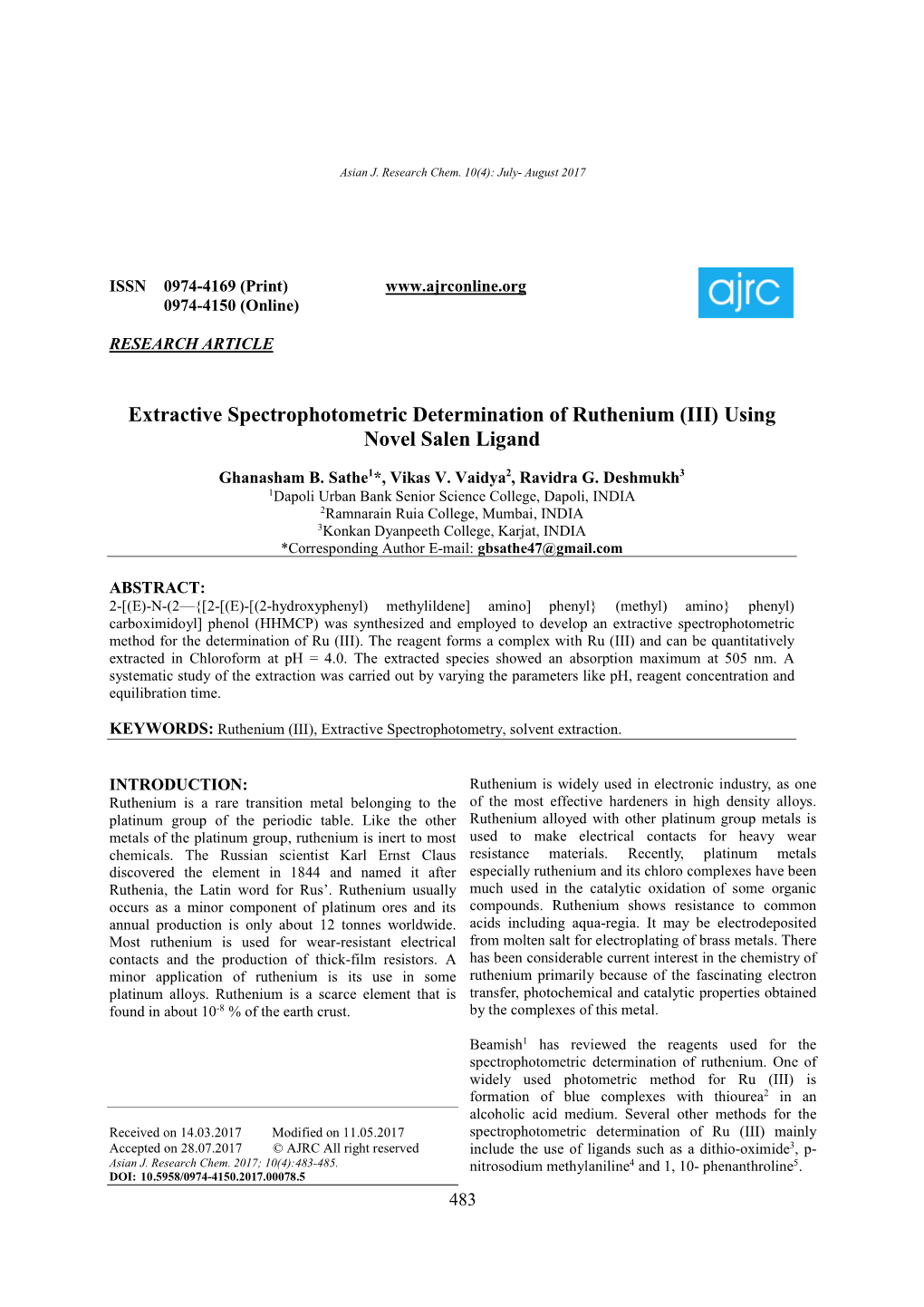 Extractive Spectrophotometric Determination of Ruthenium (III) Using Novel Salen Ligand