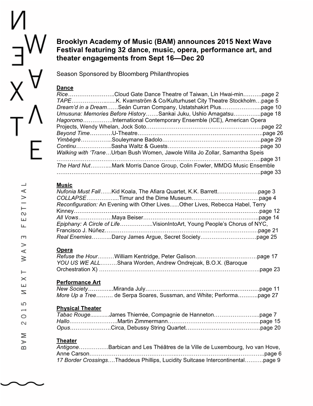 (BAM) Announces 2015 Next Wave Festival Featuring 32 Dance, Music, Opera, Performance Art, and Theater Engagements from Sept 16—Dec 20