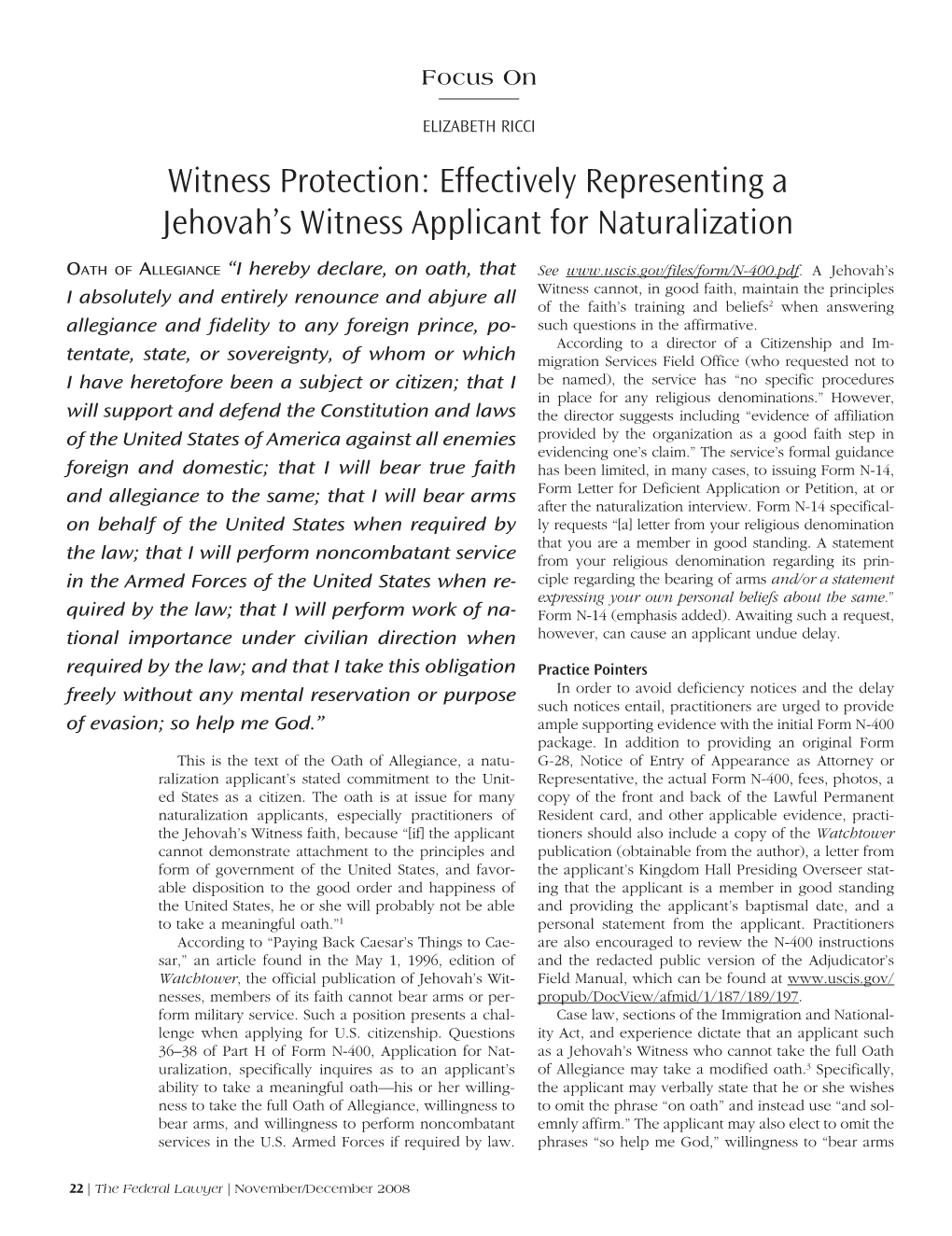 Witness Protection: Effectively Representing a Jehovah's Witness