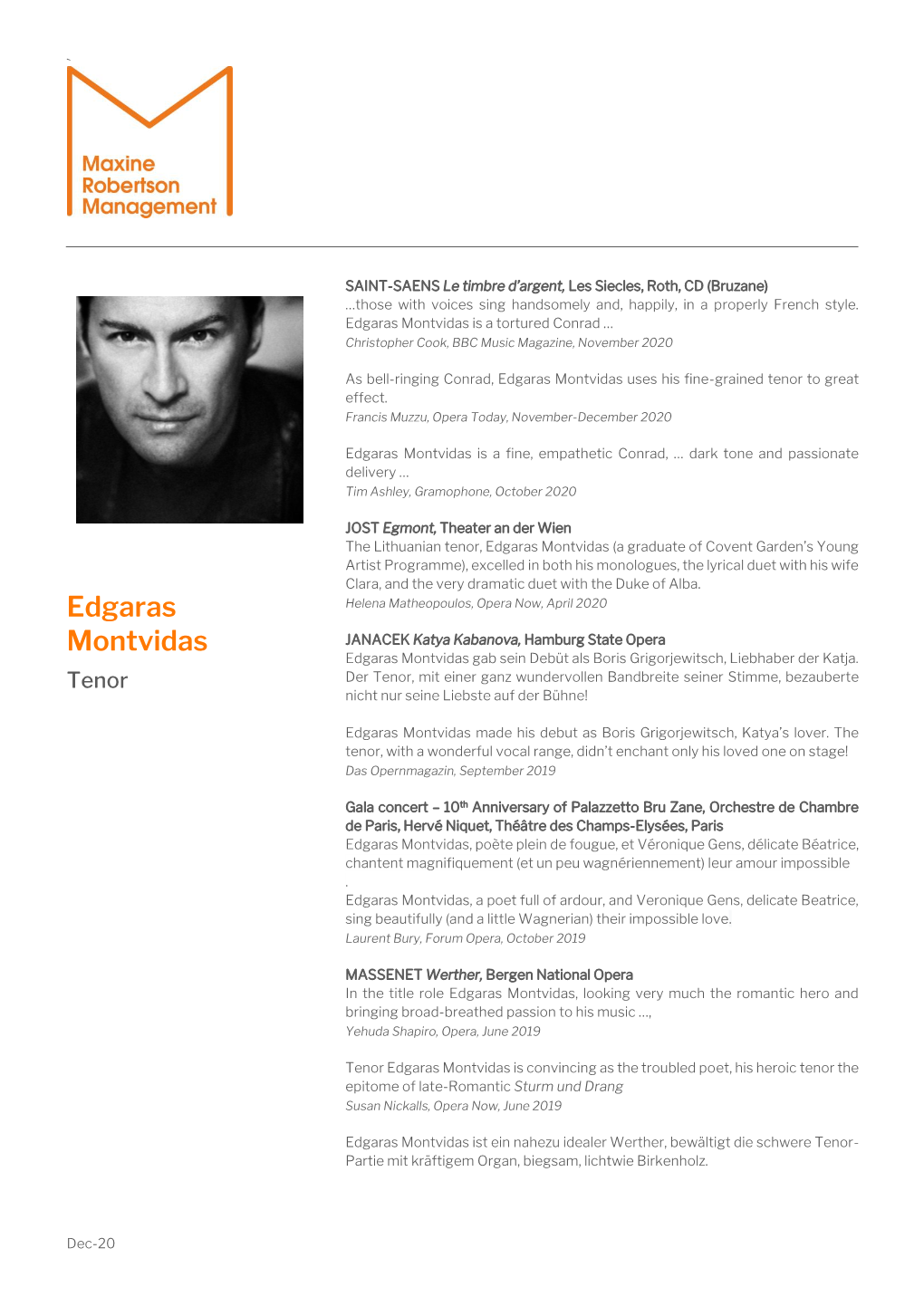 Edgaras Montvidas Is a Tortured Conrad … Christopher Cook, BBC Music Magazine, November 2020
