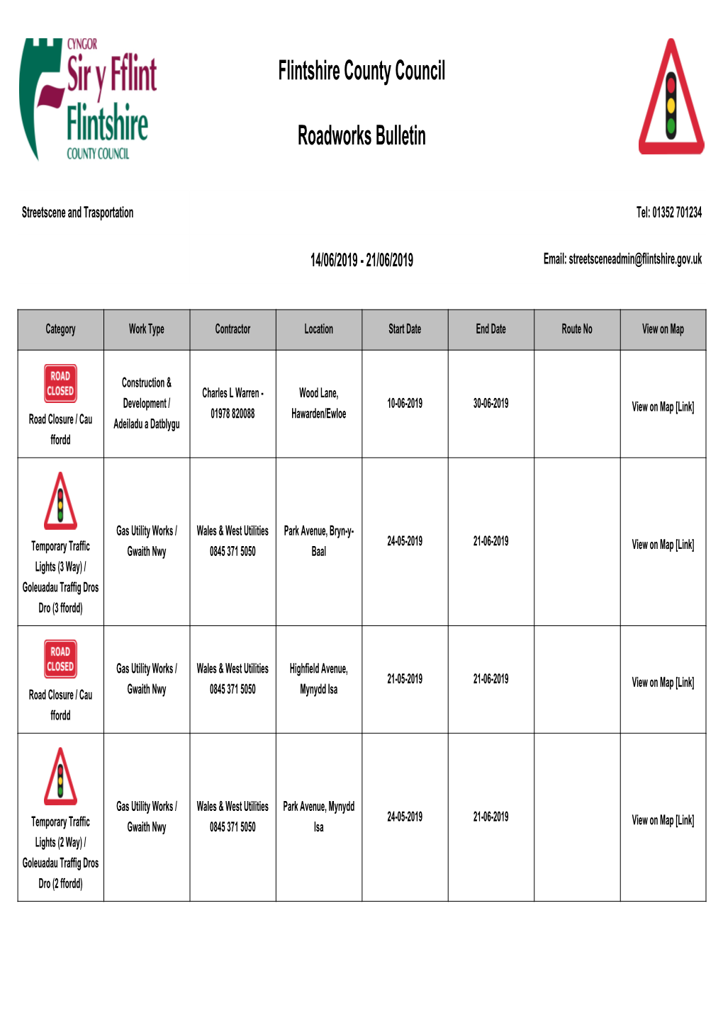 Flintshire County Council Roadworks Bulletin