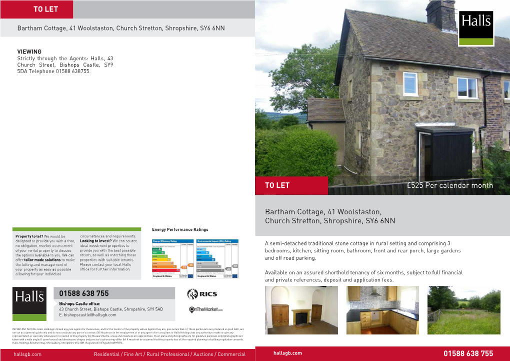 £525 Per Calendar Month Bartham Cottage, 41 Woolstaston, Church