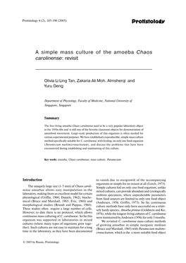 Protistology a Simple Mass Culture of the Amoeba Chaos Carolinense