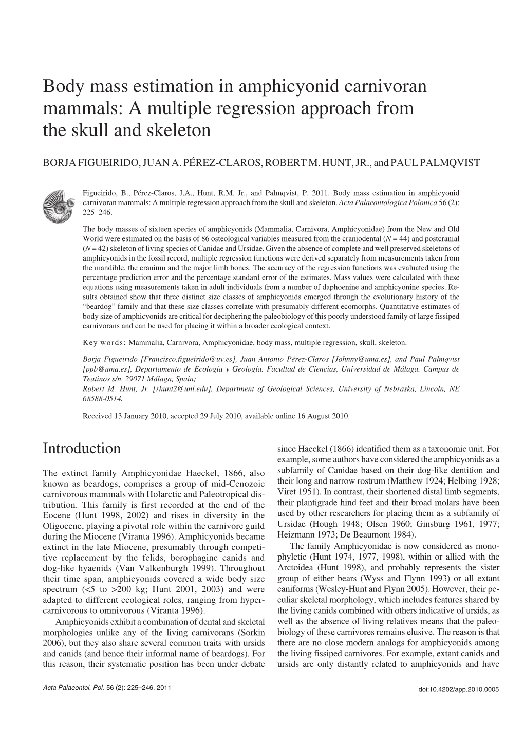 Body Mass Estimation in Amphicyonid Carnivoran Mammals: a Multiple Regression Approach from the Skull and Skeleton