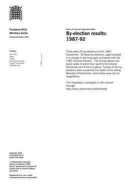 By-Election Results: Revised November 2003 1987-92