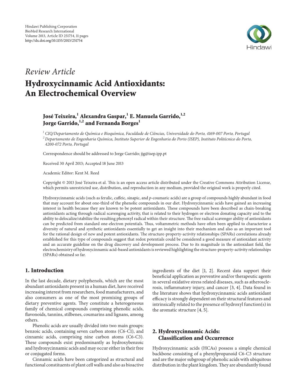 Review Article Hydroxycinnamic Acid Antioxidants: an Electrochemical Overview