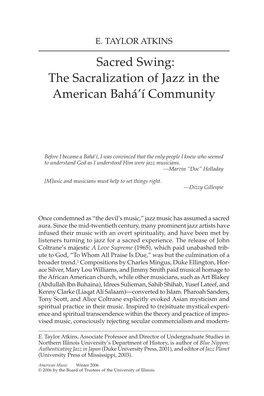 Sacred Swing: the Sacralization of Jazz in the American Bahá'í Community