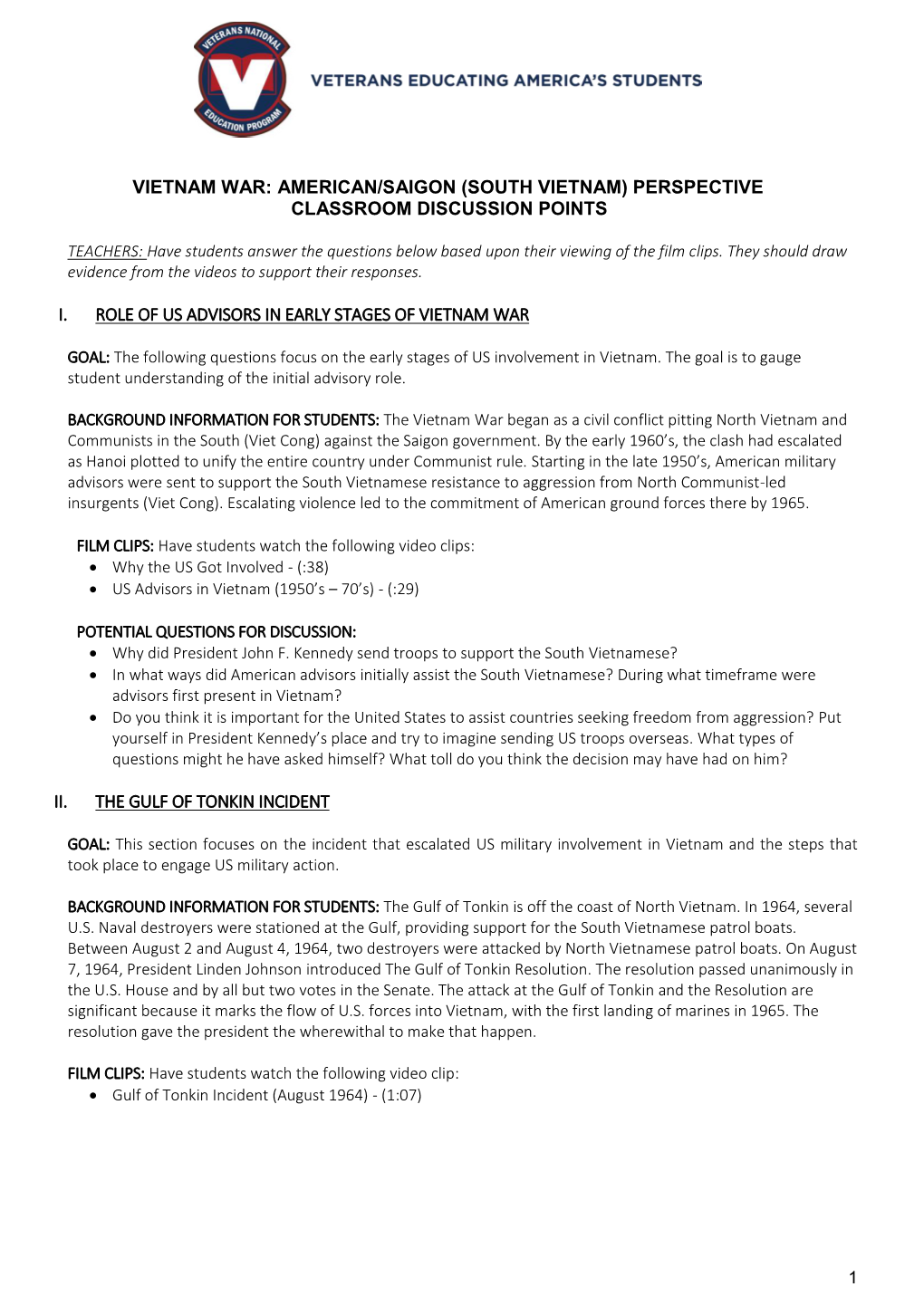 Vietnam War: American/Saigon (South Vietnam) Perspective Classroom Discussion Points