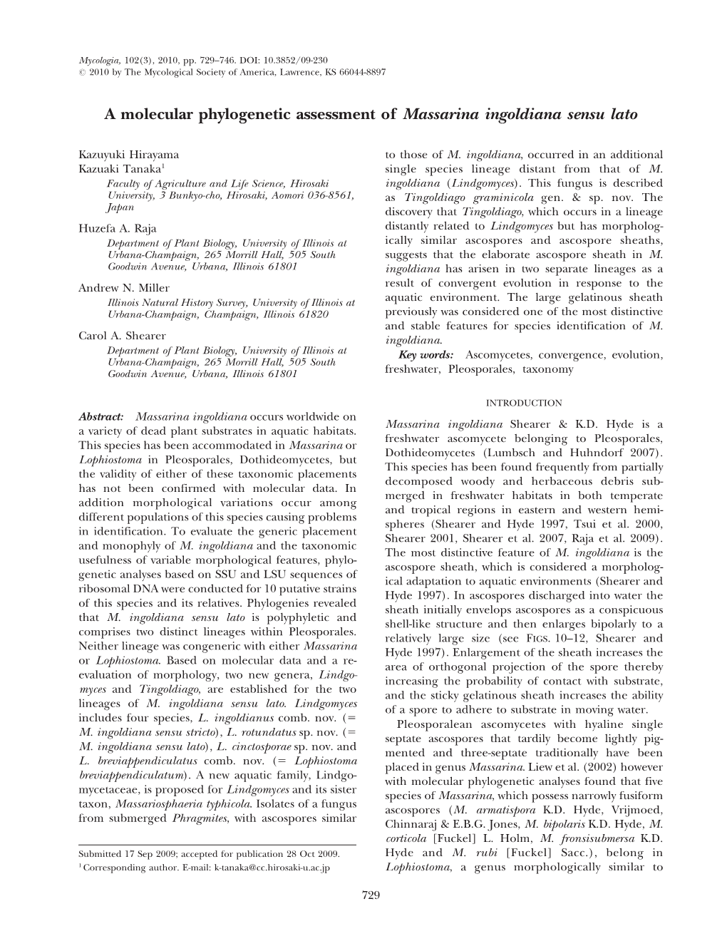 A Molecular Phylogenetic Assessment of Massarina Ingoldiana Sensu Lato