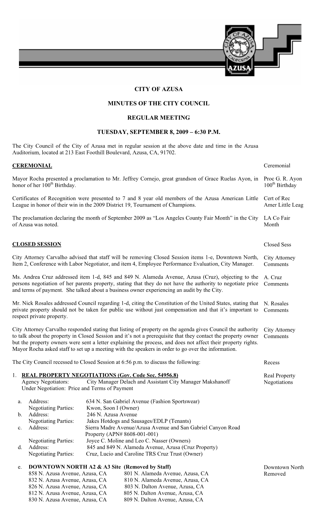 City of Azusa Minutes of the City Council Regular Meeting Tuesday, September 8, 2009 – 6:30 P.M