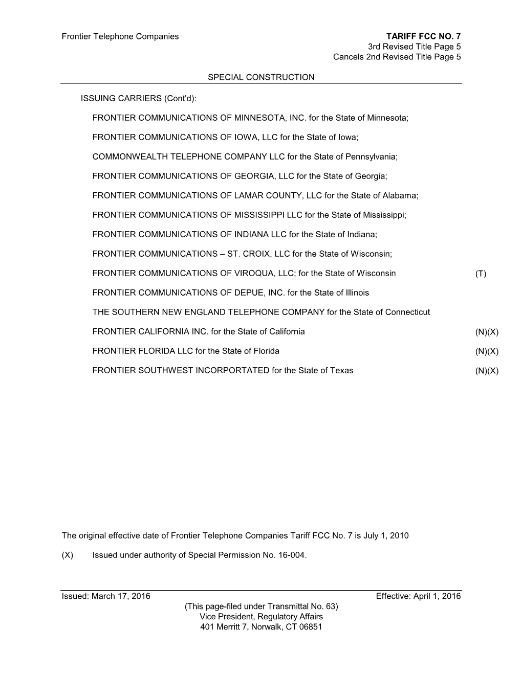 Frontier Telephone Companies TARIFF FCC NO. 7 3Rd Revised Title Page 5 Cancels 2Nd Revised Title Page 5