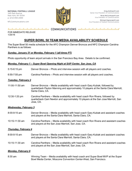 Super Bowl 50 Team Media Availability Schedule