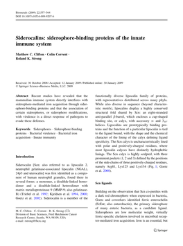 Siderocalins: Siderophore-Binding Proteins of the Innate Immune System
