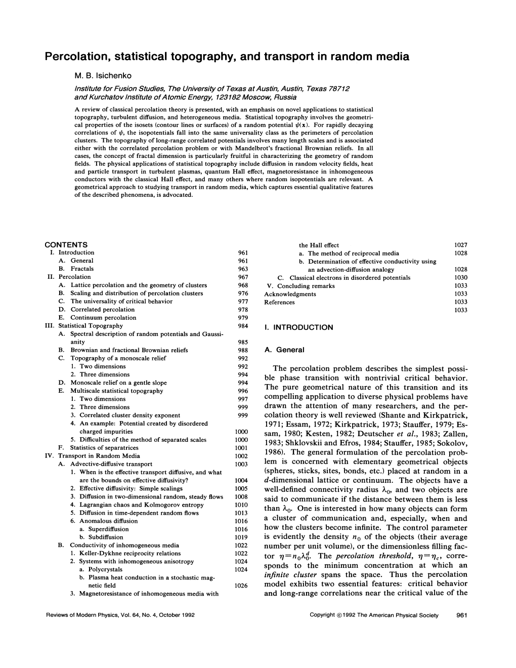 Percolation, Statistical Topography, and Transport in Random Media