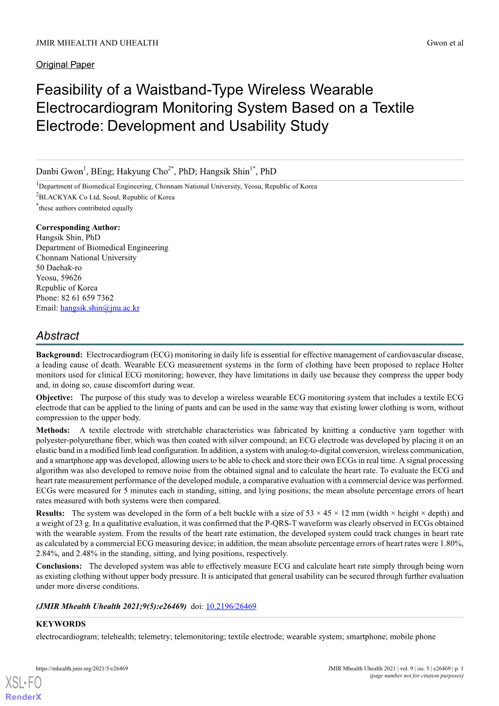 Feasibility of a Waistband-Type Wireless Wearable Electrocardiogram Monitoring System Based on a Textile Electrode: Development and Usability Study