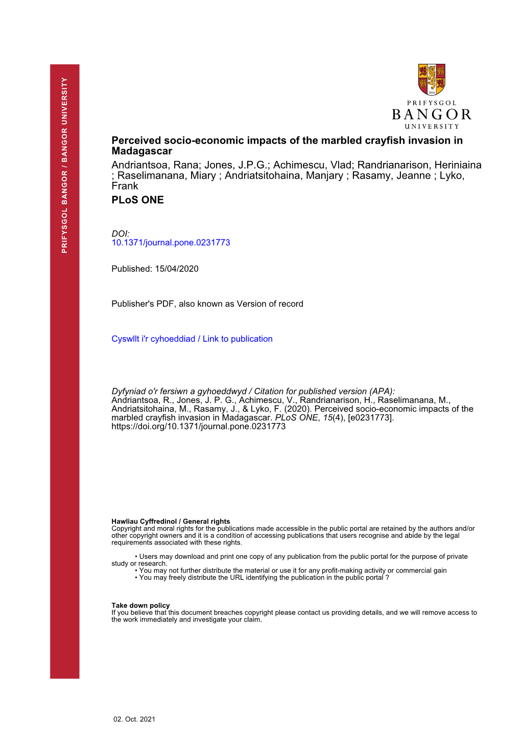 2020 Perceived Socio-Economic Impacts of the Marbled Crayfish