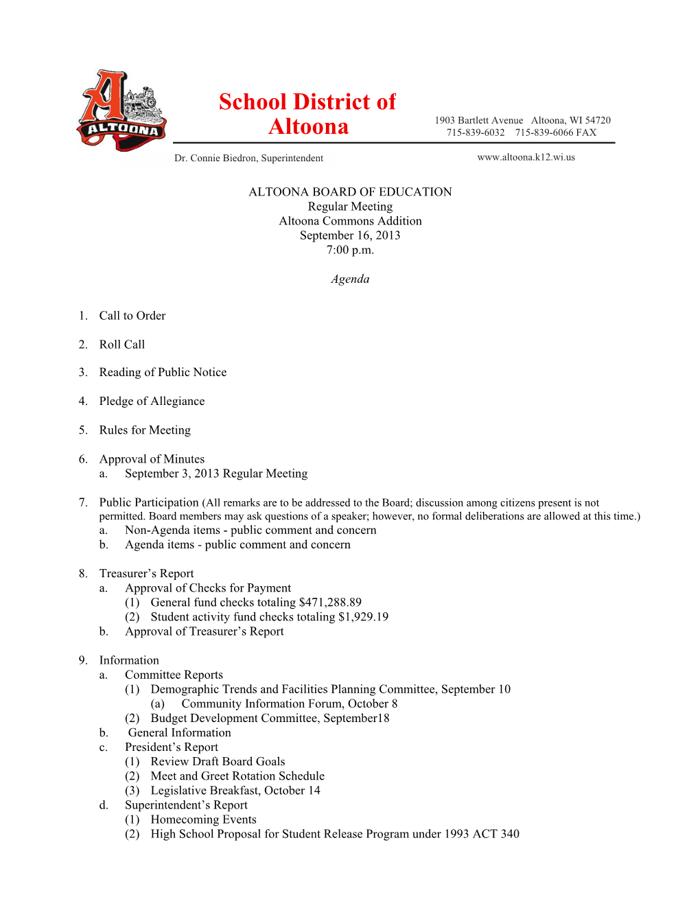 SCHOOL DISTRICT of ALTOONA 9:01 AM 09/11/13 05.13.06.00.00-10.2-010079 Bi-Monthly Check List (Dates: 08/29/13 - 09/11/13) PAGE: 1