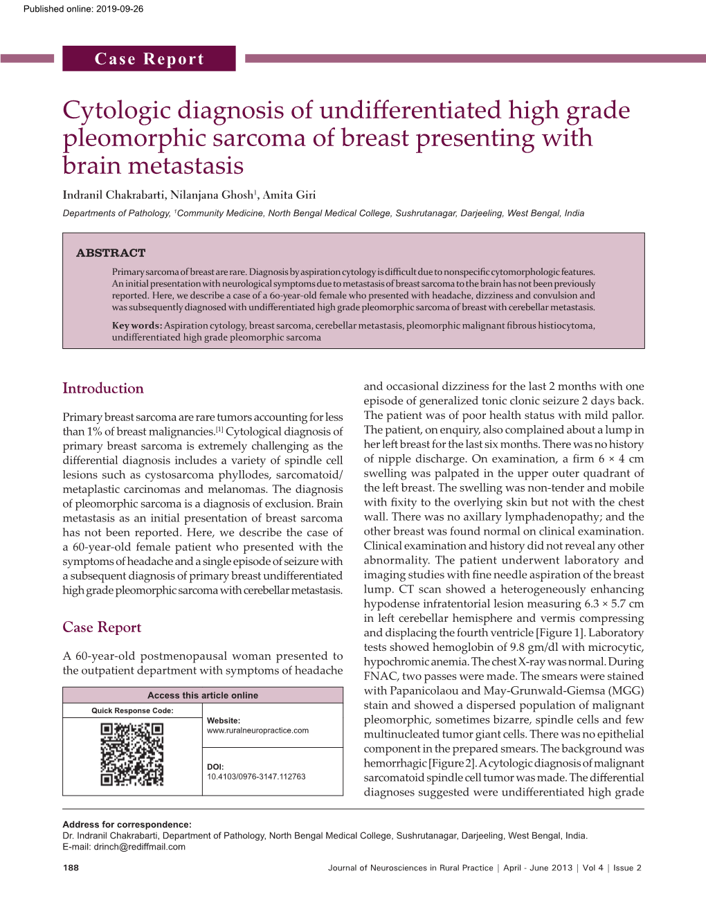 Cytologic Diagnosis of Undifferentiated High Grade Pleomorphic Sarcoma