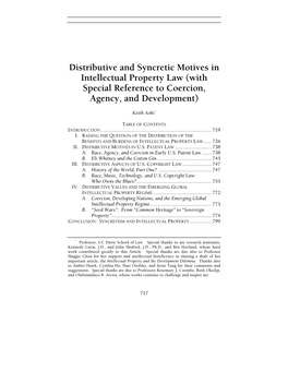 Distributive and Syncretic Motives in Intellectual Property Law (With Special Reference to Coercion, Agency, and Development)