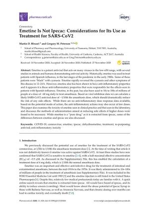 Emetine Is Not Ipecac: Considerations for Its Use As Treatment for SARS-Cov2