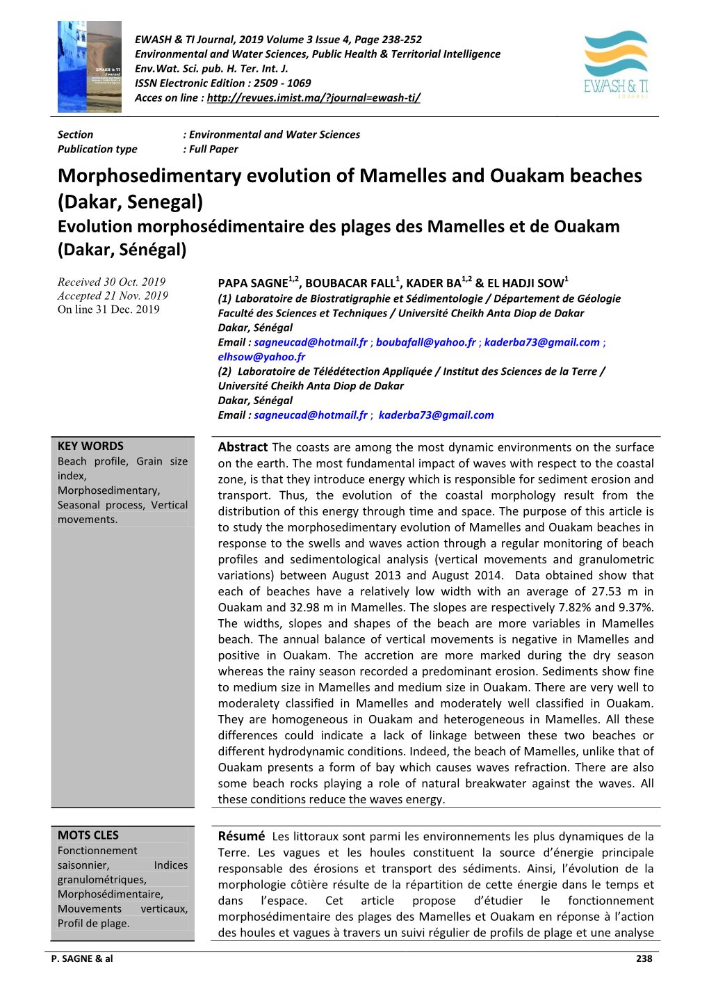 Morphosedimentary Evolution of Mamelles and Ouakam Beaches (Dakar, Senegal) Evolution Morphosédimentaire Des Plages Des Mamelles Et De Ouakam (Dakar, Sénégal)