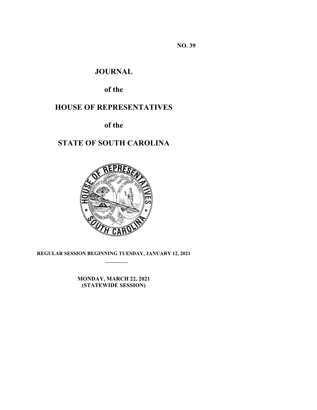 JOURNAL of the HOUSE of REPRESENTATIVES of the STATE of SOUTH CAROLINA