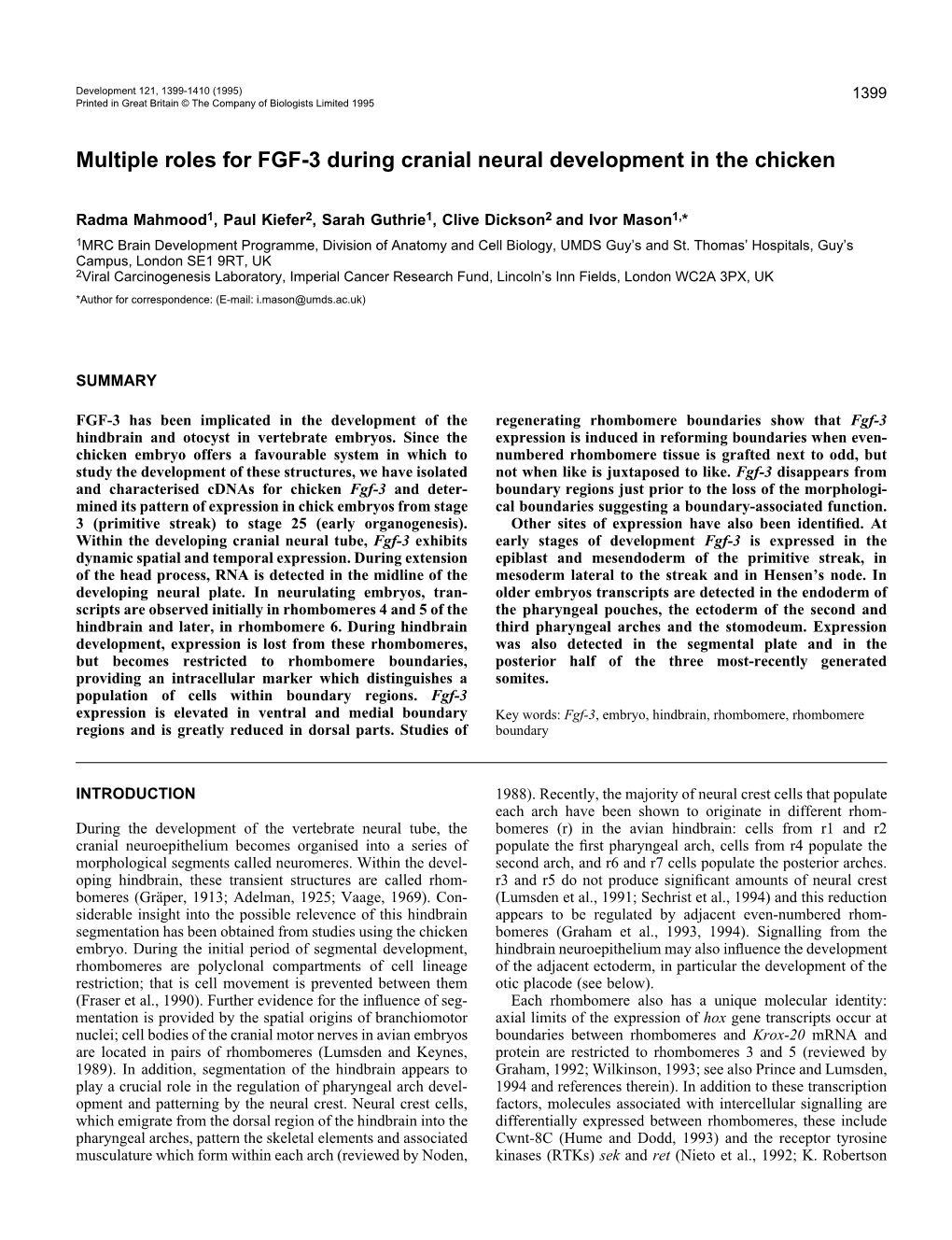 Multiple Roles for FGF-3 During Cranial Neural Development in the Chicken