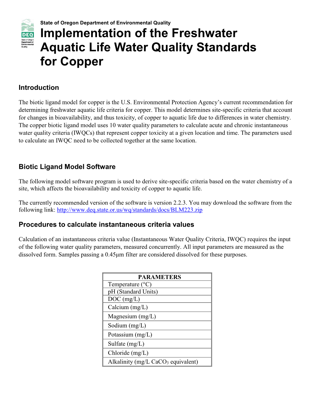 Implementation of the Freshwater Aquatic Life Water Quality Standards for Copper