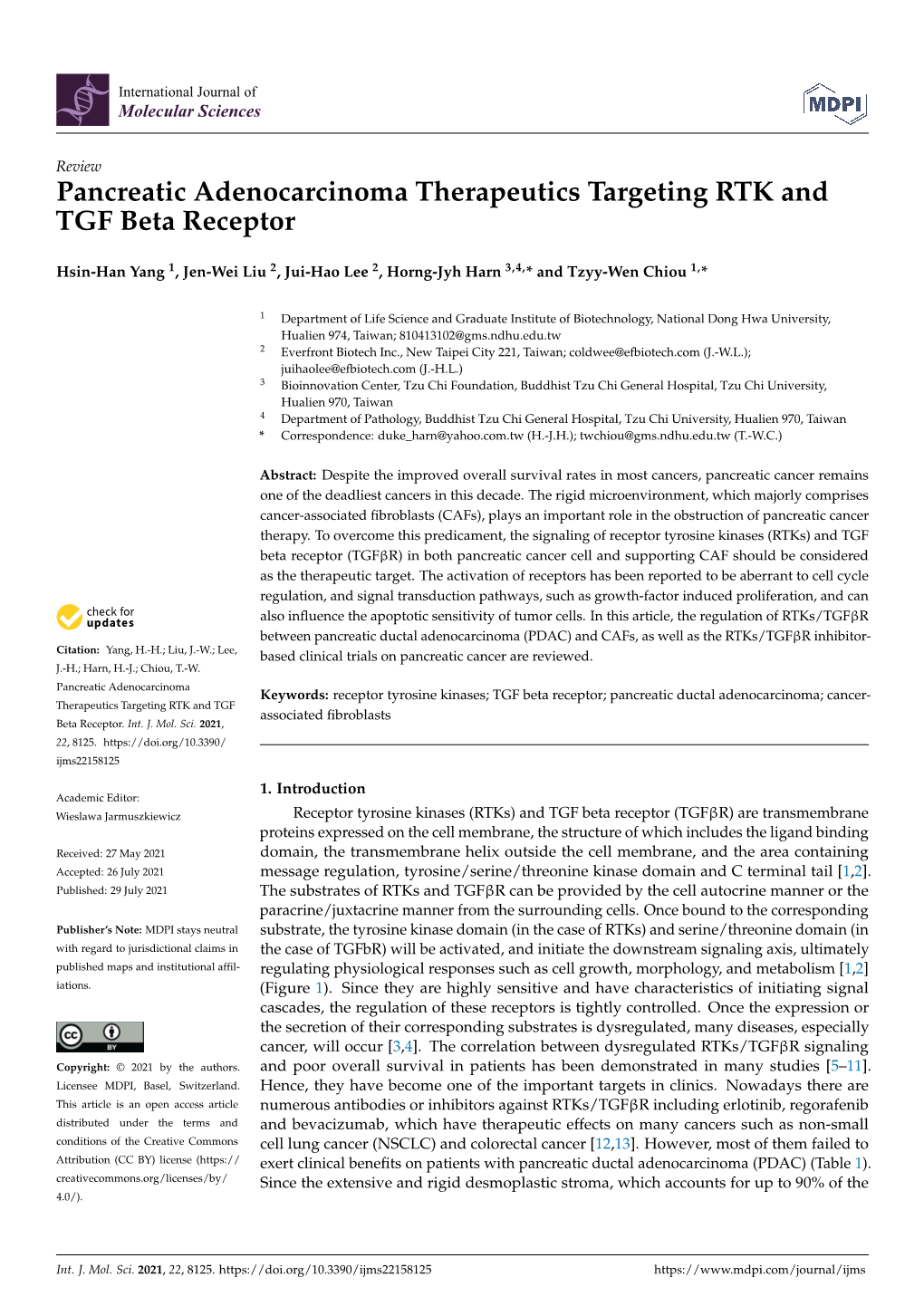 Pancreatic Adenocarcinoma Therapeutics Targeting RTK and TGF Beta Receptor