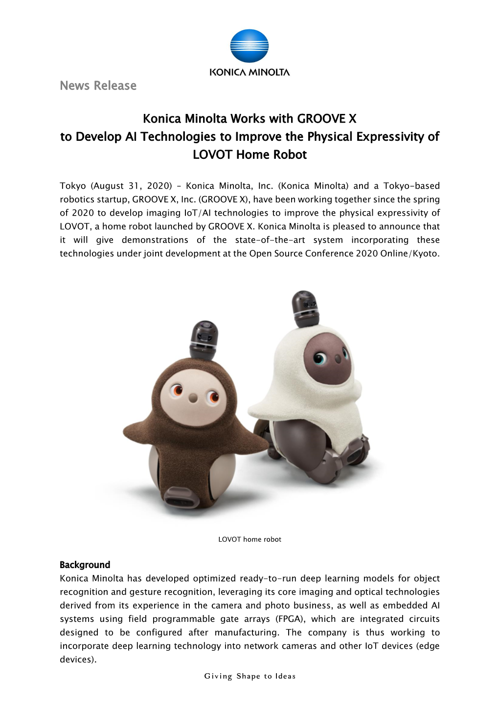 Konica Minolta Works with GROOVE X to Develop AI Technologies to Improve the Physical Expressivity of LOVOT Home Robot