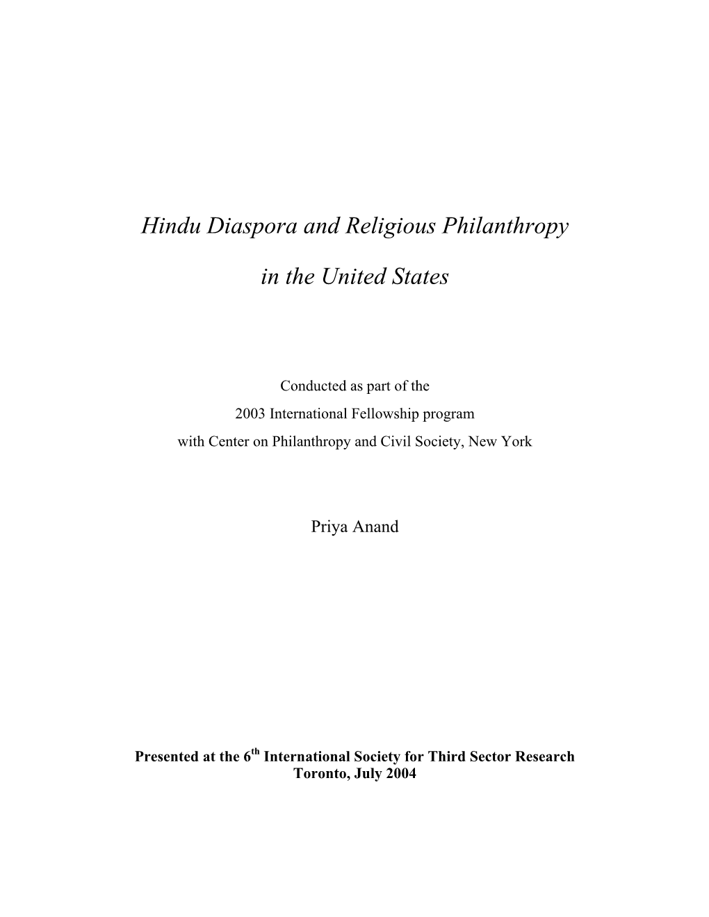 Hindu Diaspora and Religious Philanthropy in the United States