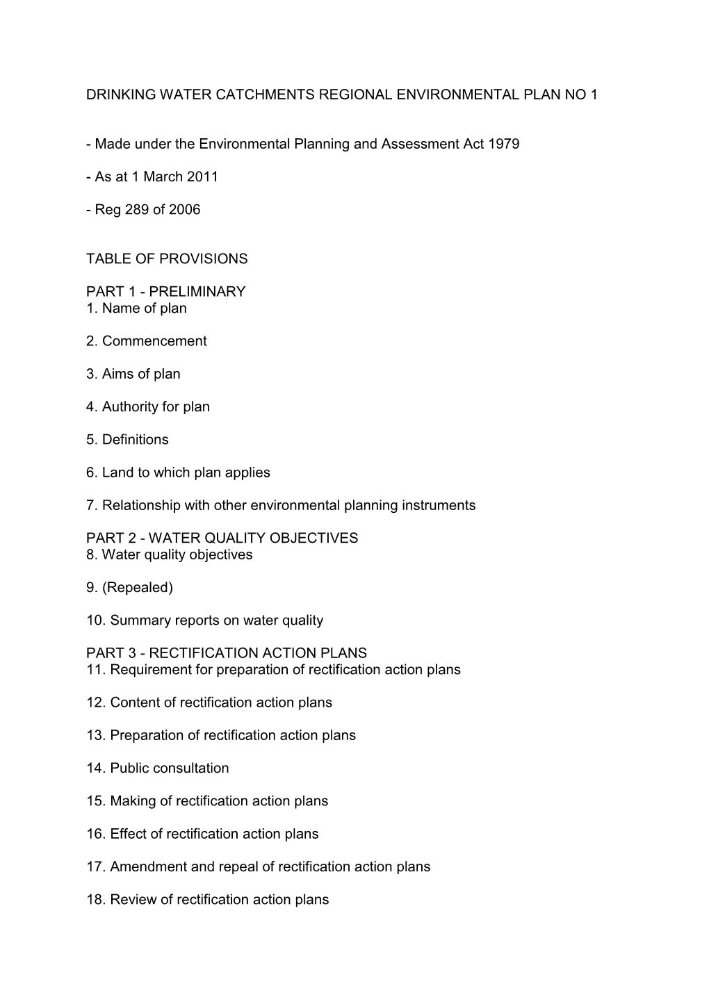 Drinking Water Catchments Regional Environmental Plan No 1