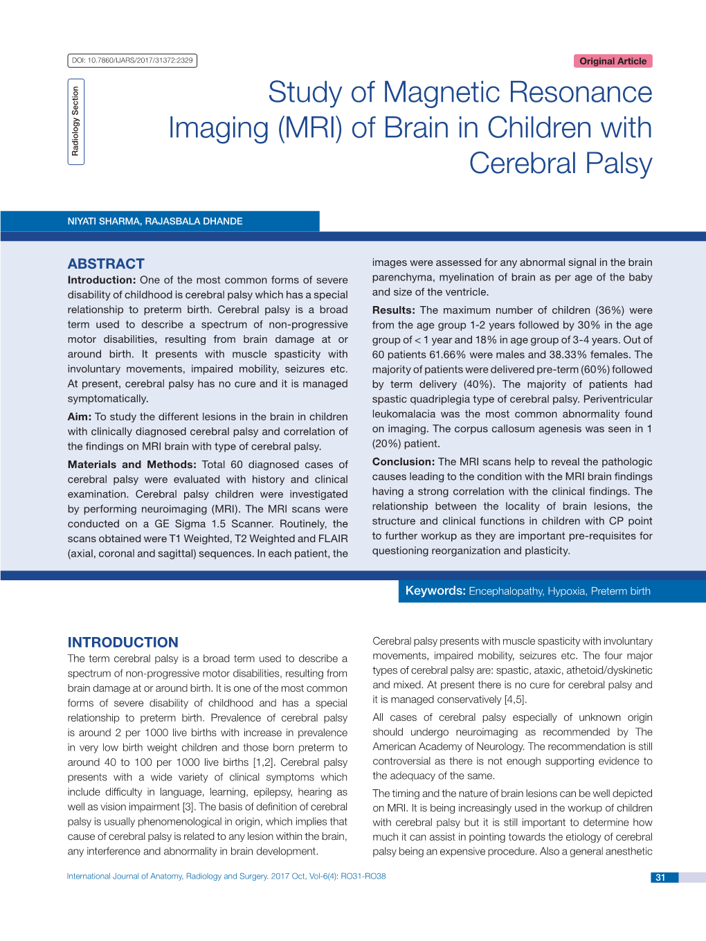 (MRI) of Brain in Children with Cerebral Palsy