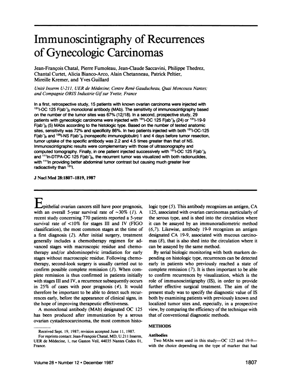 Immunoscintigraphy of Recurrences of Gynecologic Carcinomas
