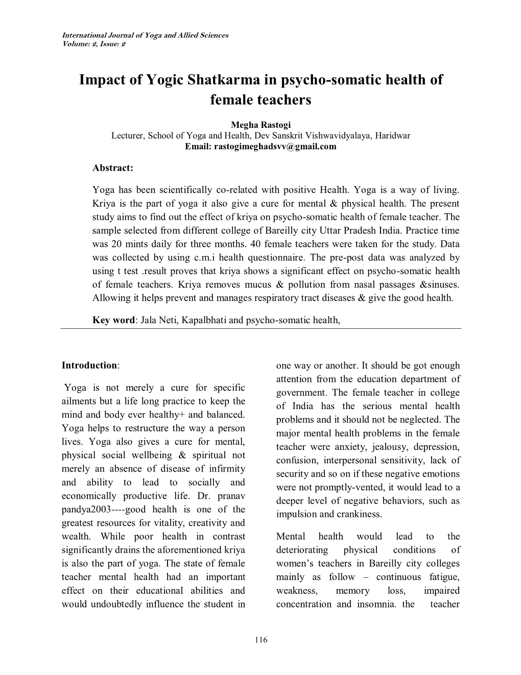 Impact of Yogic Shatkarma in Psycho-Somatic Health of Female Teachers