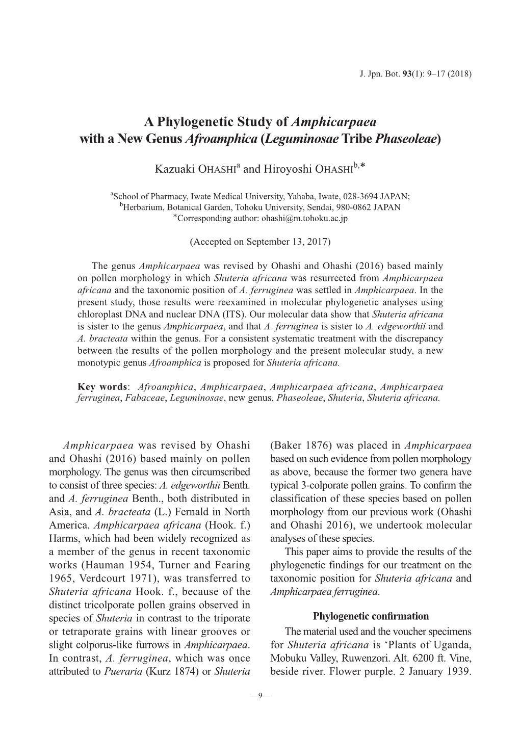 A Phylogenetic Study of Amphicarpaea with a New Genus Afroamphica (Leguminosae Tribe Phaseoleae)