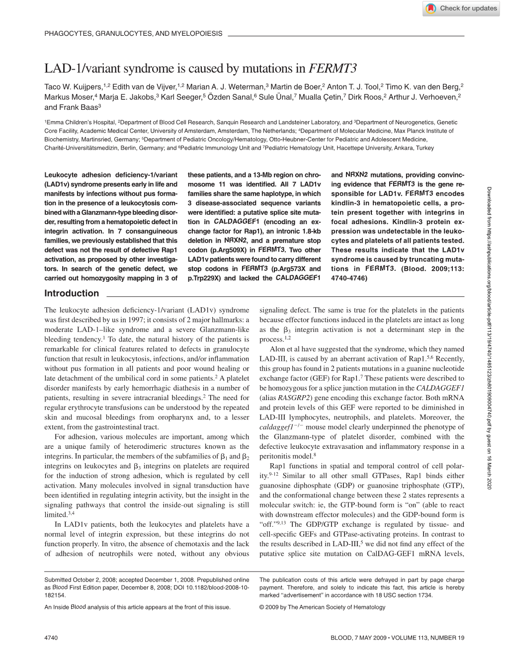 LAD-1/Variant Syndrome Is Caused by Mutations in FERMT3