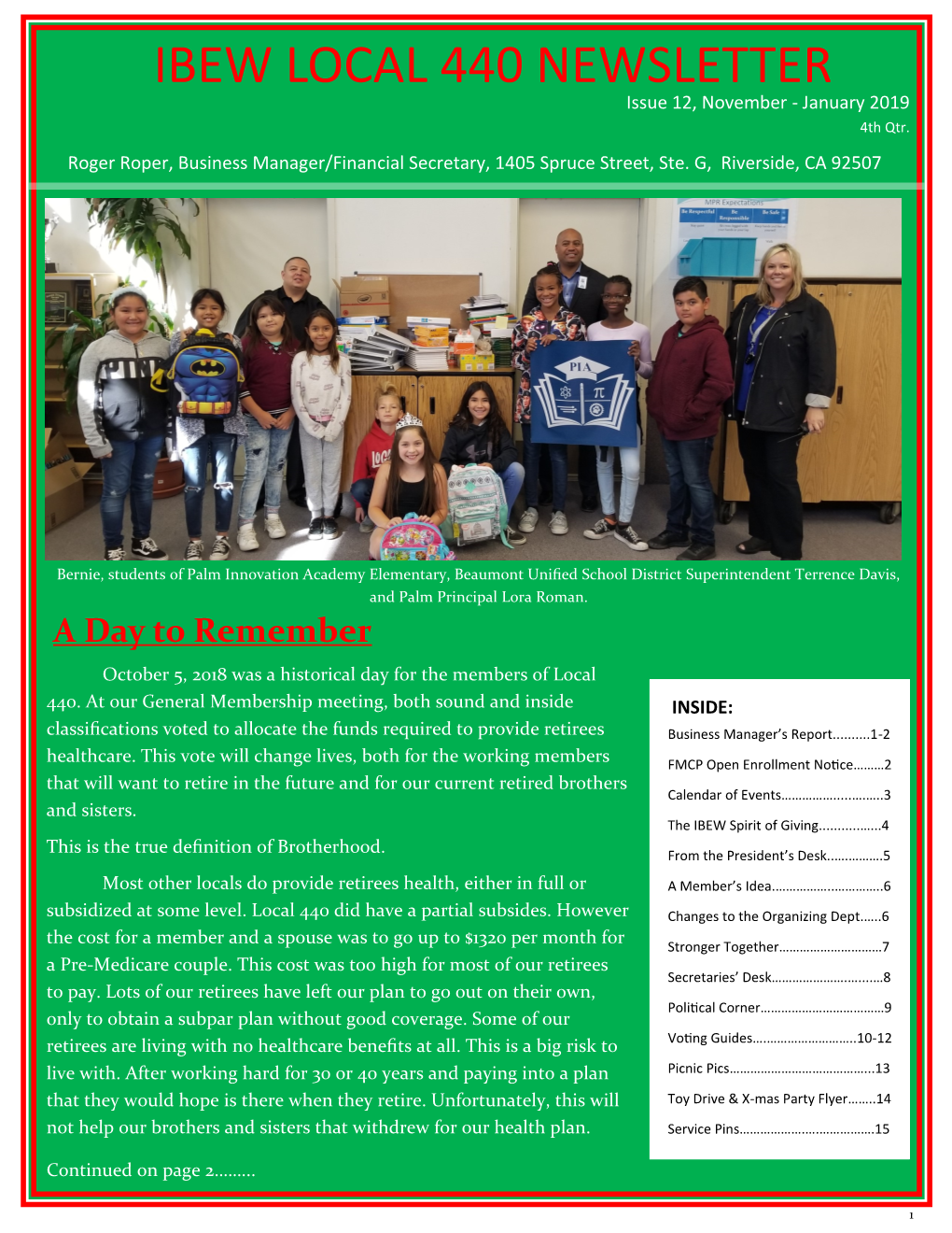 IBEW LOCAL 440 NEWSLETTER Issue 12, November - January 2019 4Th Qtr