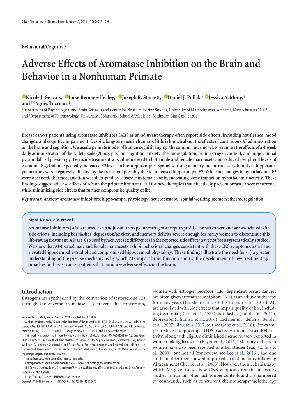 Adverse Effects of Aromatase Inhibition on the Brain and Behavior in a Nonhuman Primate