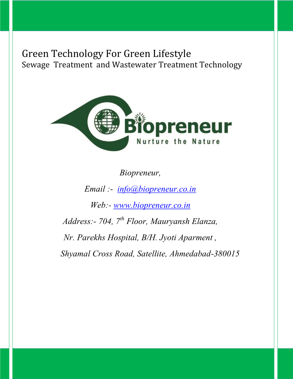 Green Technology for Green Lifestyle Sewage Treatment and Wastewater Treatment Technology