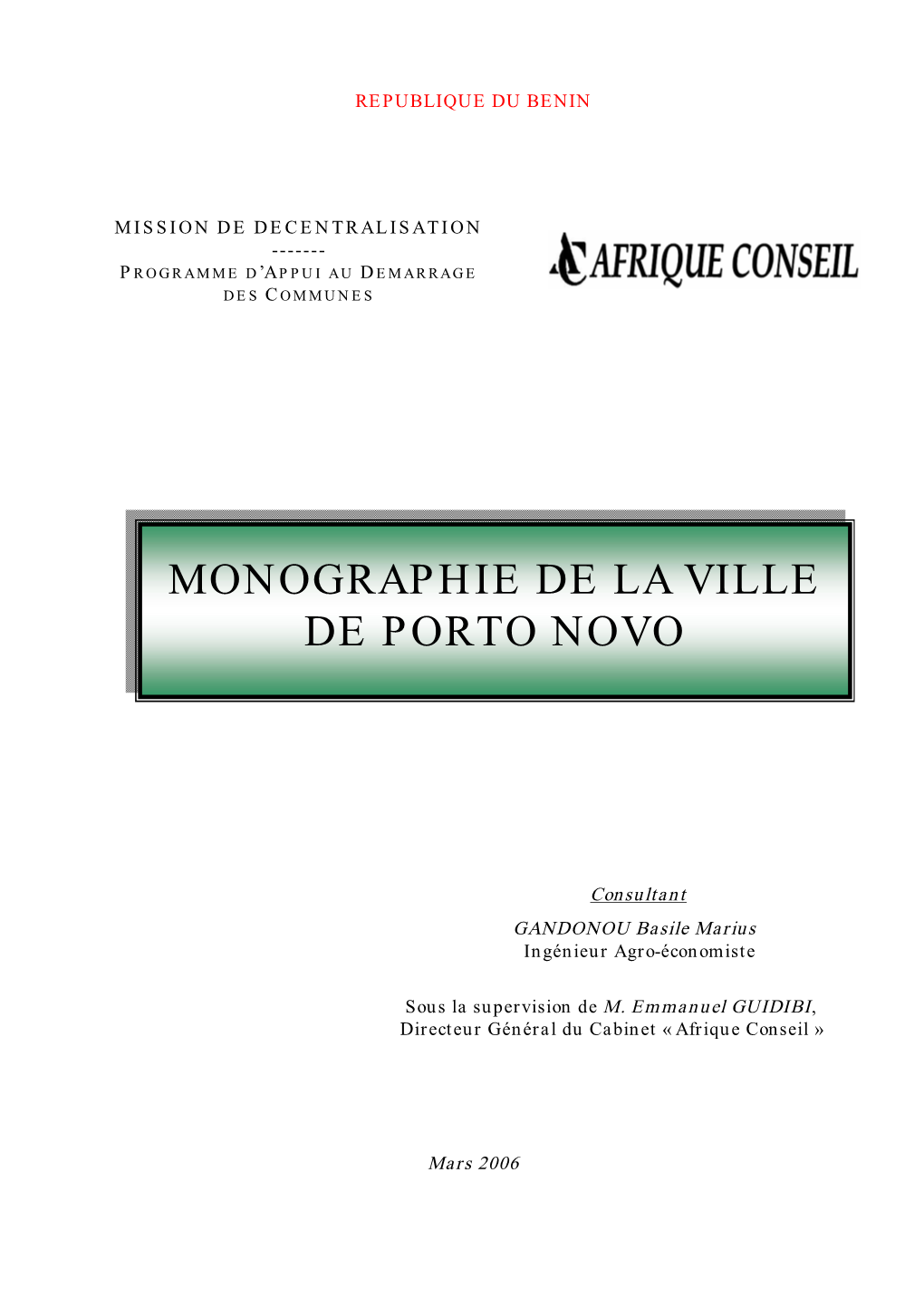 Monographie De La Commune De Porto-Novo