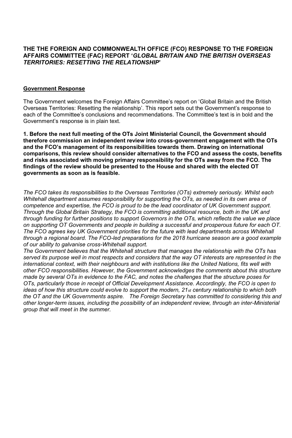 (Fco) Response to the Foreign Affairs Committee (Fac) Report ‘Global Britain and the British Overseas Territories: Resetting the Relationship’