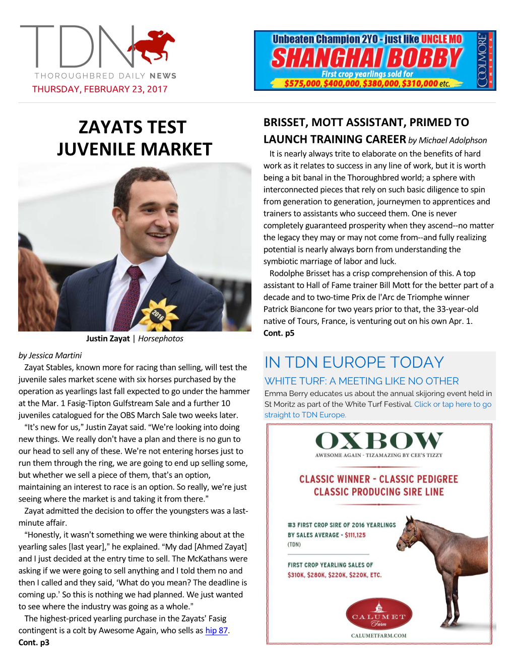 ZAYATS TEST JUVENILE MARKET in the Fortnight Between Feb