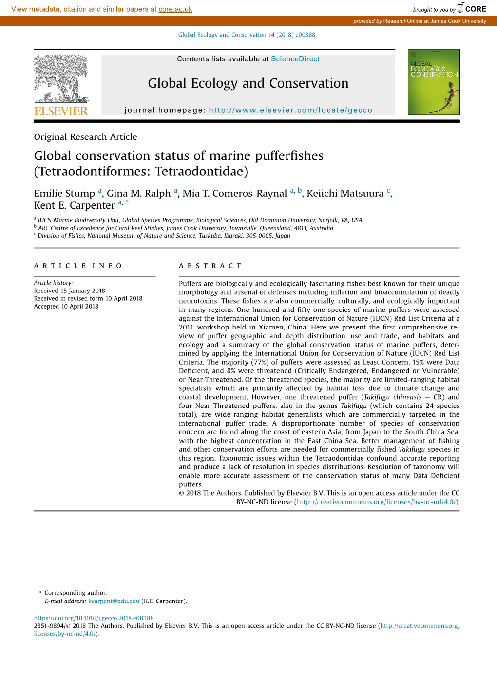 Global Conservation Status of Marine Pufferfishes