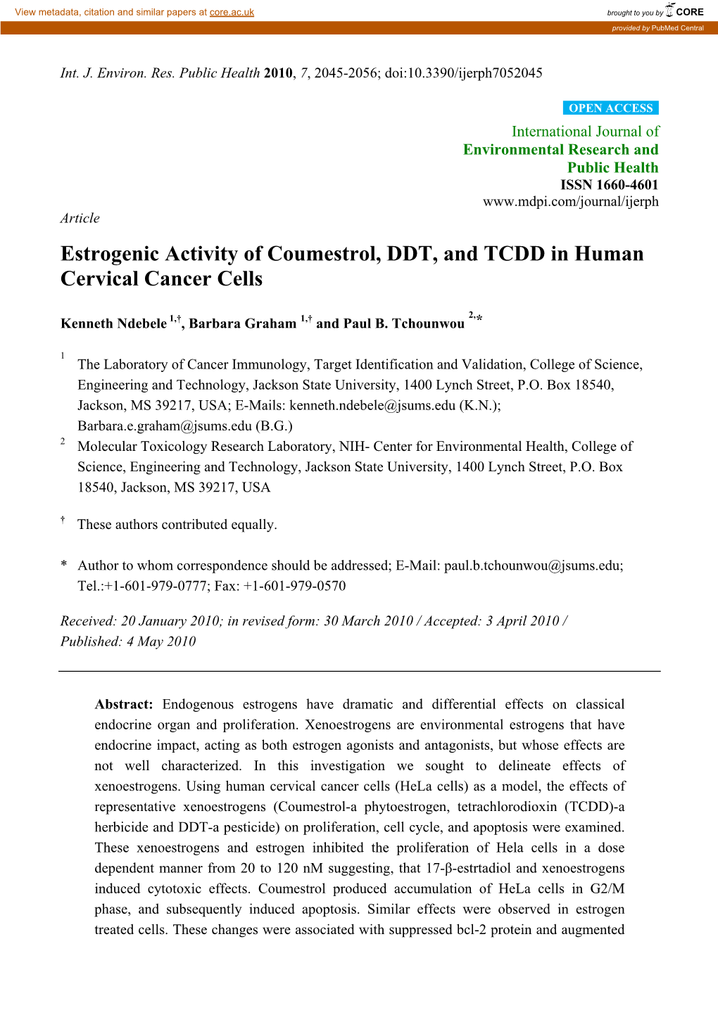 Estrogenic Activity of Coumestrol, DDT, and TCDD in Human Cervical Cancer Cells