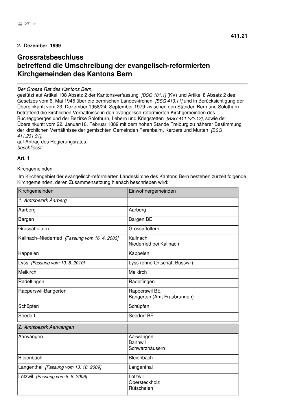 Grossratsbeschluss Betreffend Die Umschreibung Der Evangelisch-Reformierten Kirchgemeinden Des Kantons Bern