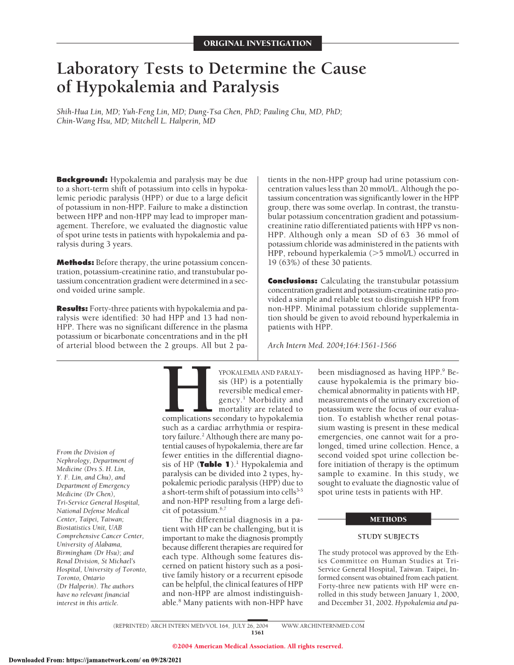 Laboratory Tests to Determine the Cause of Hypokalemia and Paralysis