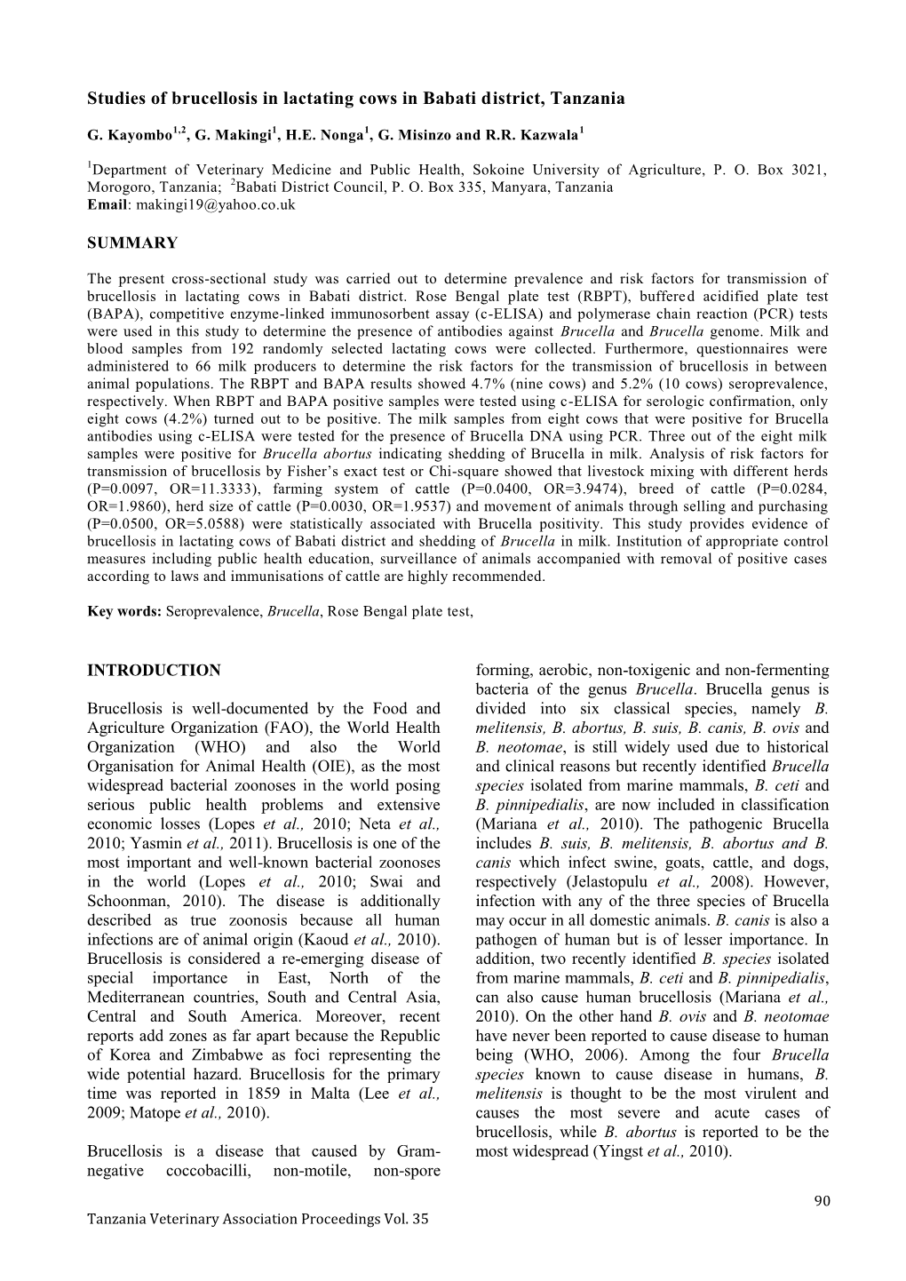 Studies of Brucellosis in Lactating Cows in Babati District, Tanzania