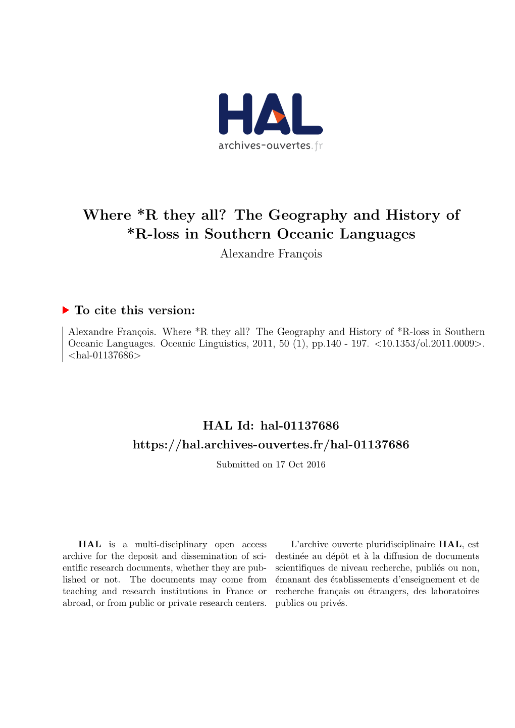 The Geography and History of *R-Loss in Southern Oceanic Languages Alexandre Fran¸Cois