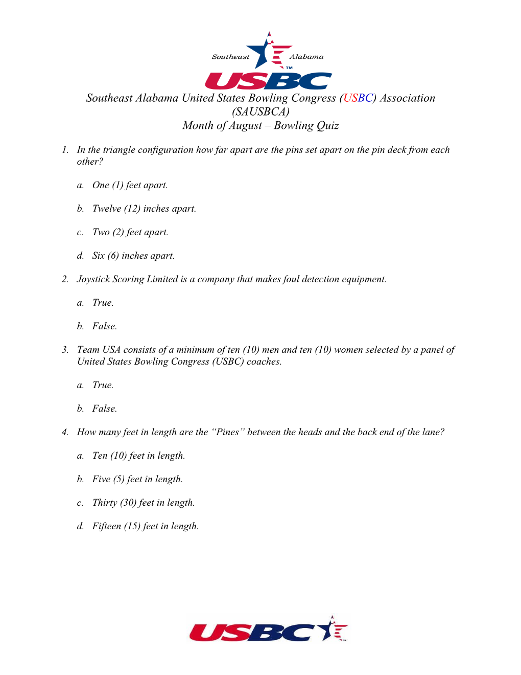 Southeast Alabama United States Bowling Congress (USBC) Association (SAUSBCA) Month of August – Bowling Quiz